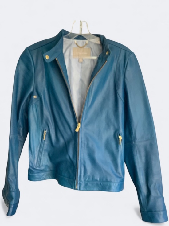 Banana Republic Leather Cropped Moto Jacket Blue SZ S - Picture 2 of 12